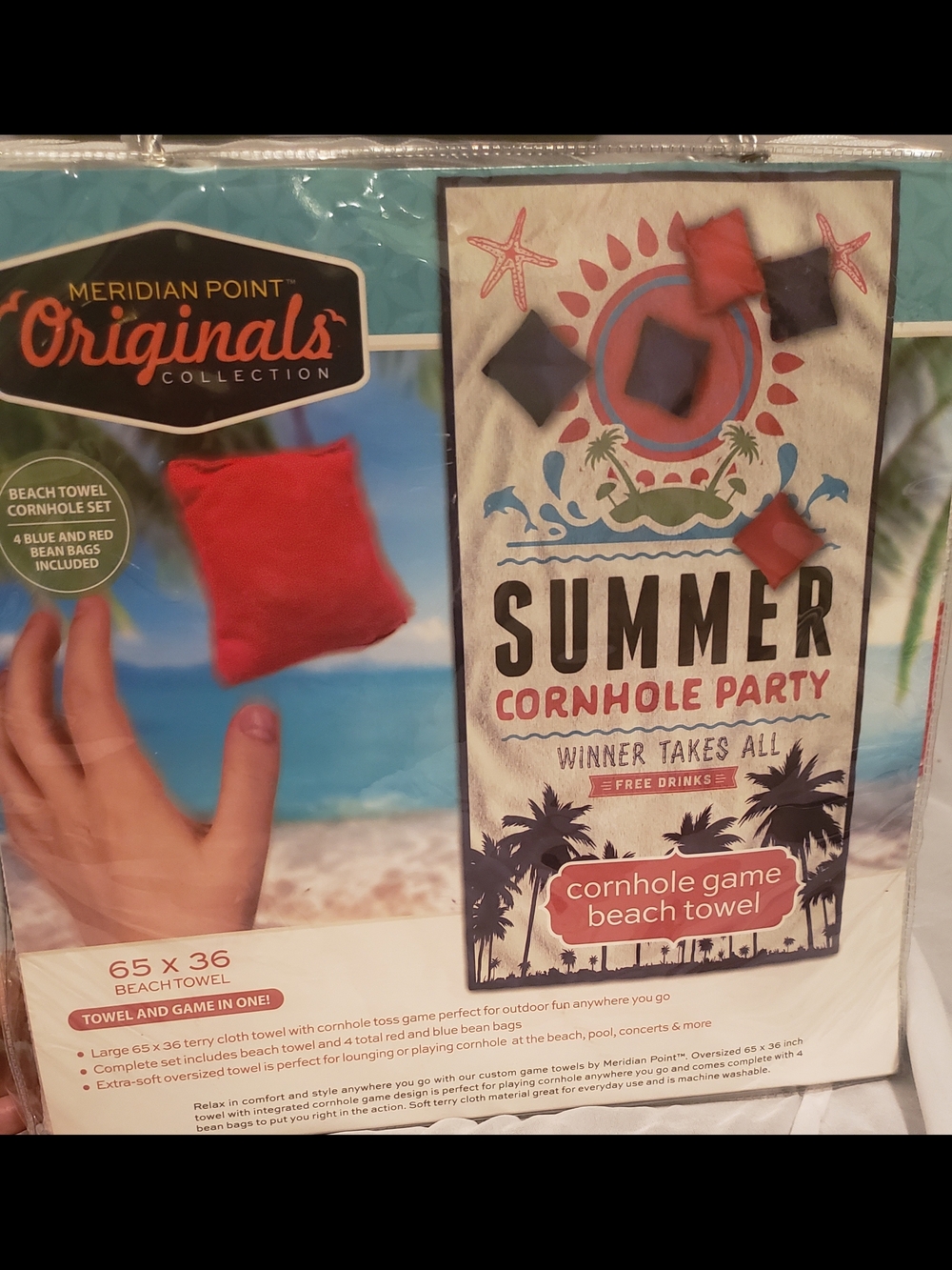 Cornhole Beach Towel 65x36 With 4 Bean Bags New